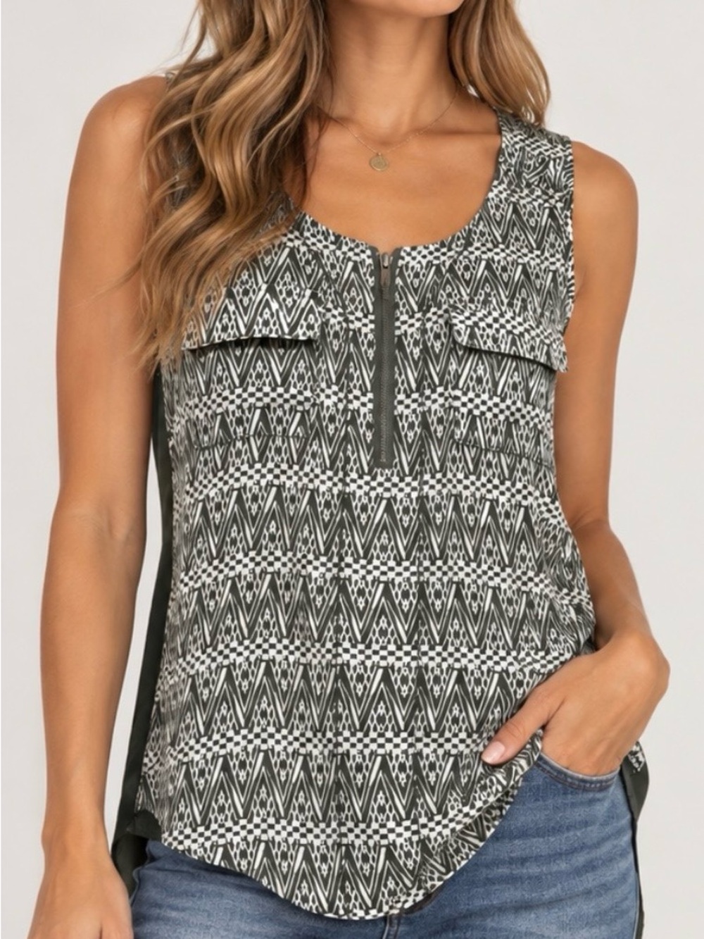 Takara Olive and White Geometric Zip-Front Tank